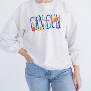 Vintage Cancun Embroidered Sweatshirt Gray Tropical Fish Graphic Vacation Y2K M